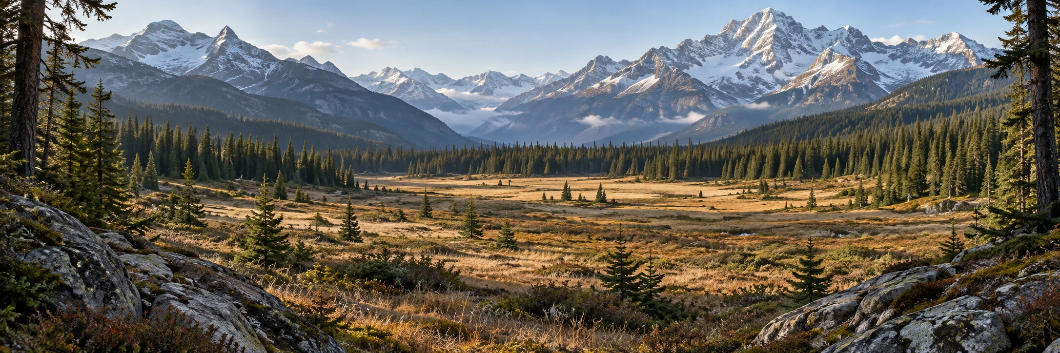 Alpine meadow beneath a rugged mountain range