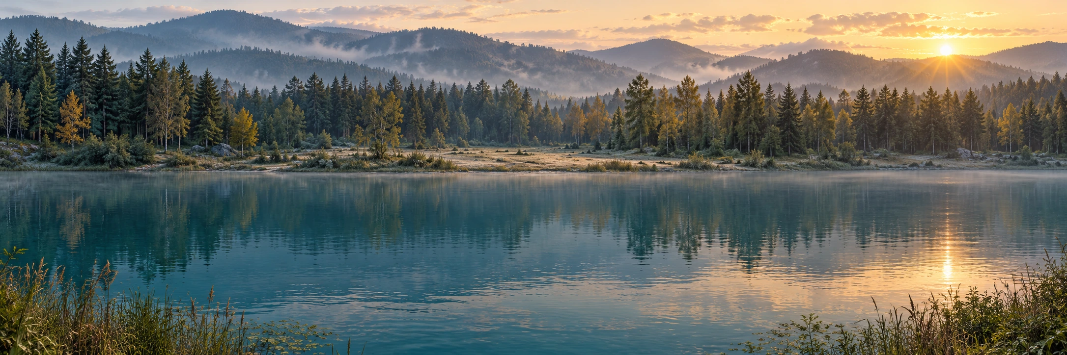 Stillwater Lake, with a distant wooded shore at sunset